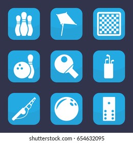 Hobby icon. set of 9 filled hobby icons such as kite, bowling, table tennis, domino, chess board, bowling ball, fishing rod