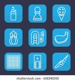 Hobby icon. set of 9 outline hobby icons such as chess pawn, golf stick, bowling, domino, chess board, fishing rod, inflatable boat, golf