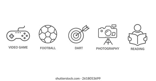 Hobby icon set black outline vector icon design.	
