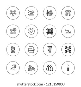 Hobby icon set. collection of 16 outline hobby icons with bonsai, bowling, drone, fishing net, hook, kite, golf, paint tube, skater, sewing machine, worm icons.