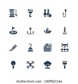 hobby icon set. Collection of 16 filled hobby icons included Rake, Bonsai, Drone, Golf ball, Embroidery, Hook, Paint tube, Paper boat, Golf, Bowling, Yarn