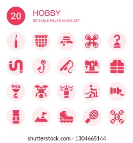 hobby icon set. Collection of 20 filled hobby icons included Hook, Net, Fisherman, Drone, Worm, Fishing hook, Fishing rod, Sewing machine, Lifejacket, Fishing, Climbing, reel