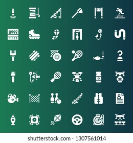 hobby icon set. Collection of 36 filled hobby icons included Drone, Embroidery, Racing game, Kite, Fishing, CV, Lifejacket, Fishing rod, Bowling, Fishing net, Angler, Paint tube