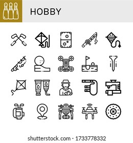 hobby icon set. Collection of Bowling, Golf, Kite, Air hockey, Fishing rod, Fishing, Golf ball, Drone, Tee, Paint tube, Fisherman, Bagpipes, Sewing machine, Golf bag, Embroidery icons