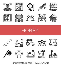 Hobby-Symbol-Set. Sammlung von Drohne, Sudoku, Kite, Pin-Kissen, Angelstange, Foosball, Knitting, Worm, Schmetterlingsnetz, Golf, Golfwagen, Nähmaschine, Papier-Schiffssymbole