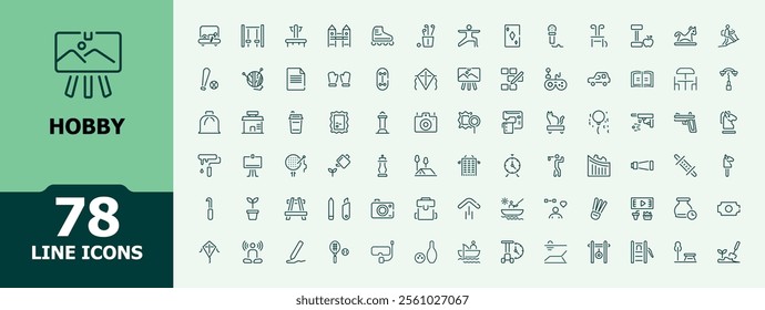 Hobby icon set. Containing travel, sing, photograph, fitness, fishing, reading, writing. Minimal linear icons. Minimalist vector icons editable stroke.