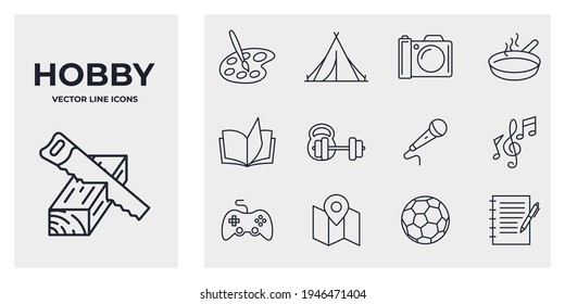 Hobby icon set. Hobbies for children or people at home and outdoors. Sports, reading, drawing, music and singing, photo and video symbol template for graphic and web design collection logo vector