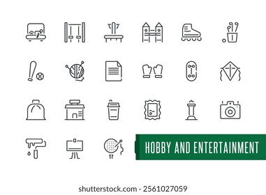 Hobby icon set. Related to fishing, video, lifestyle, photo, shopping, game, cycling and more. Minimalist thin outline icons pack. Editable stroke. Vector illustration.