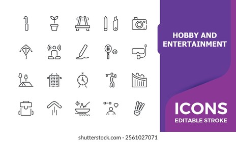 Hobby icon set. Related to fishing, video, lifestyle, photo, shopping, game, cycling and more. Minimalist thin outline icons pack. Editable stroke. Vector illustration.