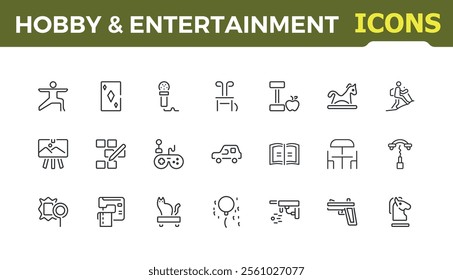 Hobby icon set. Related to fishing, video, lifestyle, photo, shopping, game, cycling and more. Minimalist thin outline icons pack. Editable stroke. Vector illustration.