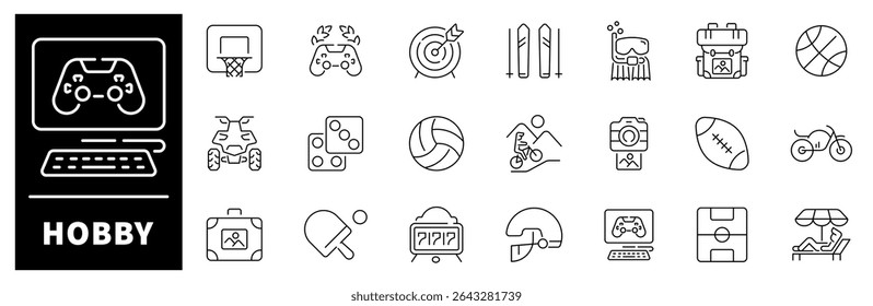 Hobby icon set. Thin line icons set related to hobby and recreation. Hobby icons collection in line style.