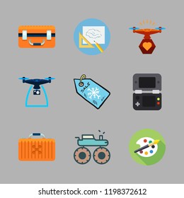hobby icon set. vector set about monster truck, tag, drone case and drone icons set.