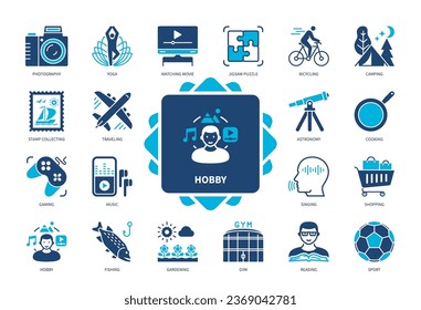 Hobby icon set. Yoga, Photography, Traveling, Music, Fishing, Sport, Shopping, Reading. Duotone color solid icons