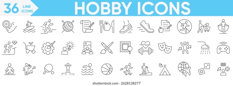 Hobby icon set.photography, acting, traveling, lifestyle, yoga, Traveling, hiking, yoga, dancing, cooking, fishing, making music and more.Vector and illustrator set.