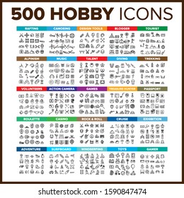 Hobby Icon Thin Line Big Set Vector. Hobby Symbol Package Bundle. Isolated Sign For Web Design Illustrations