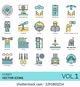 Hobby icons including astronomy, geocaching, bird, photography, stargazing, herping, reading, language, gymnastics, surfing, trekking, bungee jumping, scuba diving, rafting, skiing, ice skating.