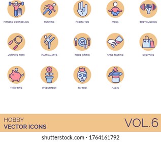 Hobby icons including fitness counseling, running, meditation, yoga, bodybuilding, jumping rope, martial arts, food critic, wine tasting, shopping, thrifting, investment, tattoo, magic.