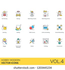 Hobby icons including kart racing, watching movie, anime, cosplay, bowling, golf, table tennis, online gambling, social networking, magic, tarot card reading, tattoo, thrifting, investment.