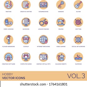 Hobby icons including painting, creative writing, scrapbooking, karaoke, guitar, video logging, blogging, jewelry making, sewing, knitting, flower arranging, cosplay, internet browsing, gaming, social