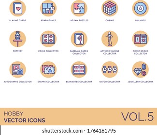 Hobby icons including playing cards, board games, jigsaw puzzles, cubing, billiards, pottery, coins collector, baseball, action figure, comic books, autographs, stamps, banknotes, watch, jewellery.
