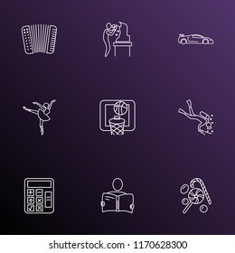 Hobby icons line style set with basketball, math, accordion and other ballerina elements. Isolated vector illustration hobby icons.