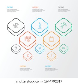 Hobby icons line style set with pasta, skating, tv and other skater elements. Isolated vector illustration hobby icons.
