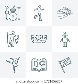 Hobby icons line style set with racing flags, skating, ballet and other finish elements. Isolated vector illustration hobby icons.