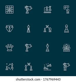 Hobby icons line style set with online chess, hand with knight, strategy corona elements. Isolated vector illustration hobby icons.