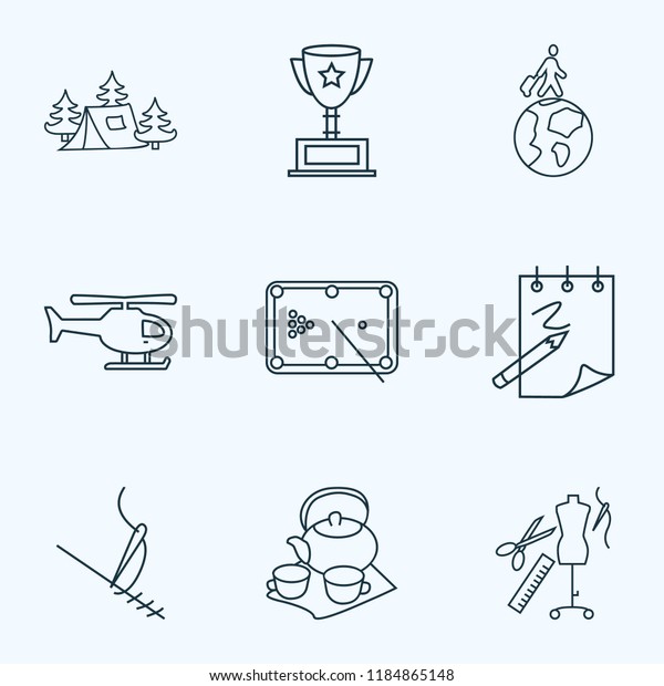 Hobby icons line style set with copter, billiard,\
award cup and other atelier elements. Isolated vector illustration\
hobby icons.