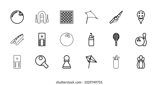 Hobby icons. set of 18 editable outline hobby icons: kite, domino, bowling ball, fishing rod, golf, golf putter, tennis rocket, chess pawn, bowling, table tennis, chess board