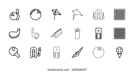 Hobby icons. set of 18 editable outline hobby icons: kite, domino, chess board, bowling ball, fishing rod, inflatable boat, golf, bowling, golf stick, table tennis