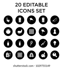 Hobby icons. set of 20 editable filled hobby icons such as kite, domino, chess board, bowling ball, fishing rod, inflatable boat. best quality hobby elements in trendy style.