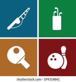 hobby icons set. Set of 4 hobby filled icons such as bowling, table tennis, fishing rod