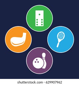 Hobby icons set. set of 4 hobby filled icons such as tennis rocket, bowling, golf stick
