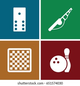Hobby icons set. set of 4 hobby filled icons such as bowling, domino, chess board