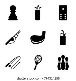 Hobby icons. set of 9 editable filled hobby icons such as fishing rod, golf putter, tennis rocket, chess pawn, golf stick, bowling