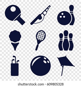 Hobby icons set. set of 9 hobby filled icons such as kite, tennis rocket, bowling, table tennis, bowling ball, fishing rod, golf