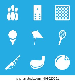 Hobby icons set. set of 9 hobby filled icons such as kite, tennis rocket, golf stick, bowling, domino, chess board, bowling ball, fishing rod