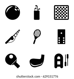 Hobby icons set. set of 9 hobby filled icons such as tennis rocket, golf stick, table tennis, domino, chess board, bowling ball, fishing rod, inflatable boat