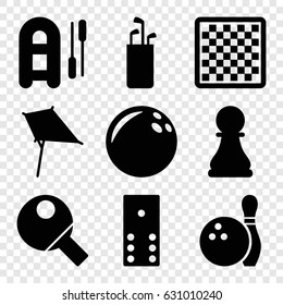 Hobby icons set. set of 9 hobby filled icons such as kite, chess pawn, bowling, table tennis, domino, chess board, bowling ball, inflatable boat