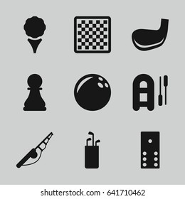 Hobby icons set. set of 9 hobby filled icons such as chess pawn, golf stick, domino, chess board, bowling ball, fishing rod, inflatable boat, golf