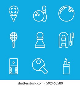 hobby icons set. Set of 9 hobby outline icons such as tennis rocket, chess pawn, bowling, table tennis, domino, bowling ball, inflatable boat, golf