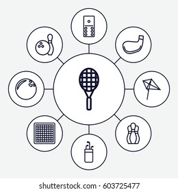 Hobby icons set. set of 9 hobby outline icons such as kite, tennis rocket, bowling, golf stick, domino, chess board, bowling ball