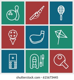 Hobby icons set. set of 9 hobby outline icons such as kite, tennis rocket, bowling, golf stick, table tennis, domino, fishing rod, inflatable boat