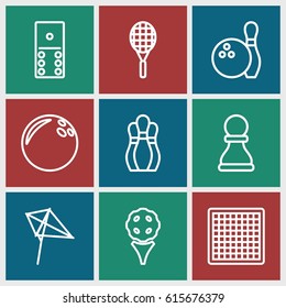 Hobby icons set. set of 9 hobby outline icons such as kite, tennis rocket, chess pawn, bowling, domino, chess board, bowling ball