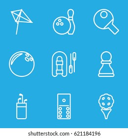 Hobby icons set. set of 9 hobby outline icons such as kite, chess pawn, bowling, table tennis, domino, bowling ball, inflatable boat, golf