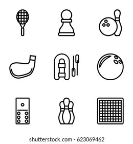 Hobby icons set. set of 9 hobby outline icons such as tennis rocket, chess pawn, bowling, golf stick, domino, chess board, bowling ball