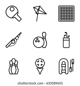 Hobby icons set. set of 9 hobby outline icons such as kite, bowling, table tennis, chess board, fishing rod, inflatable boat, golf