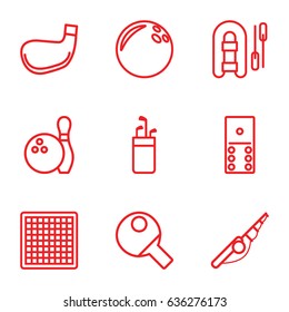 Hobby icons set. set of 9 hobby outline icons such as bowling, golf stick, table tennis, domino, chess board, bowling ball, fishing rod, inflatable boat