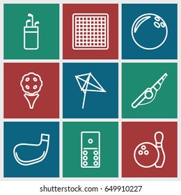 Hobby icons set. set of 9 hobby outline icons such as kite, bowling, golf stick, domino, chess board, bowling ball, fishing rod, golf
